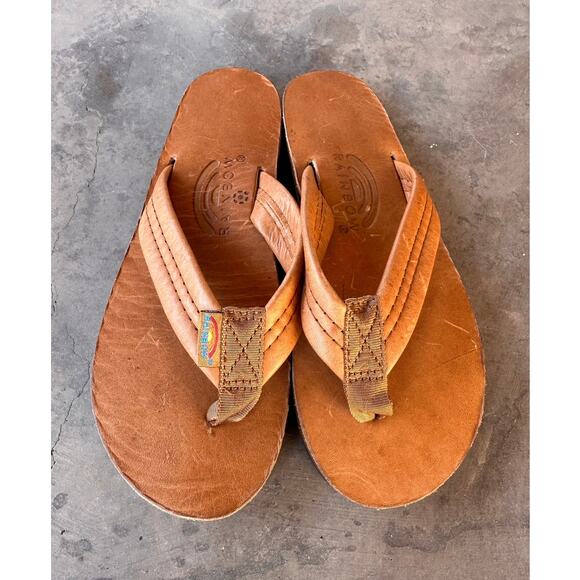 Rainbow Brown Leather Flip Flops size 6.5-7.5 (women's) - Picture 1 of 9